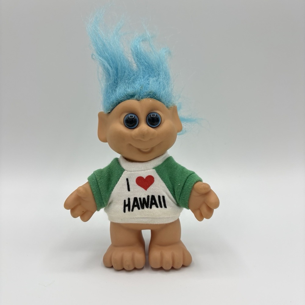 Vintage 1992 HYI 5" troll doll Blue Hair‎ Blue Eyes I Love Hawaii Green Shirt